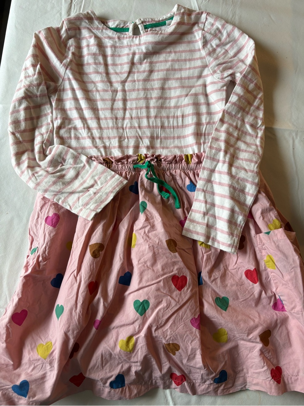 Mini Boden Girls pink heart dress, pink stripes with heart bottoms, size 7-8 EUC
